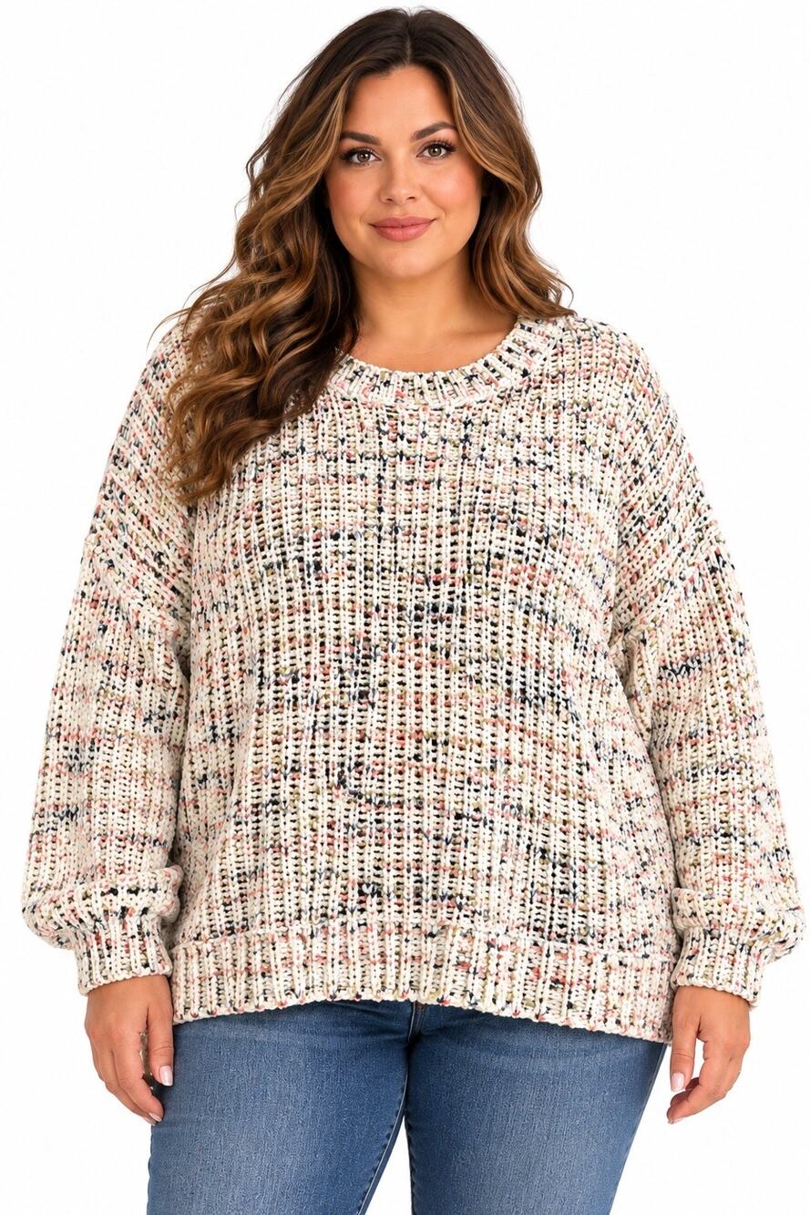 Cable & Gauge Womens 3X Ivory Multicolor Speckled Chunky Knit Crew Pullover
